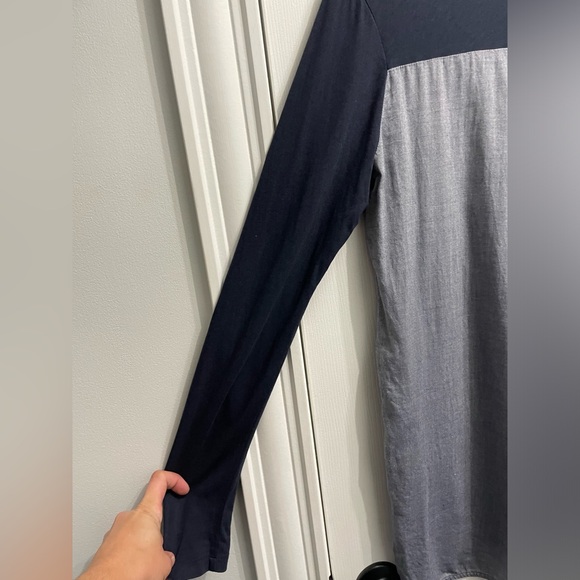 Vince Women’s Mixed Media Tuxedo Tunic Top Navy Blue Mandarin Collar Small - Picture 7 of 8